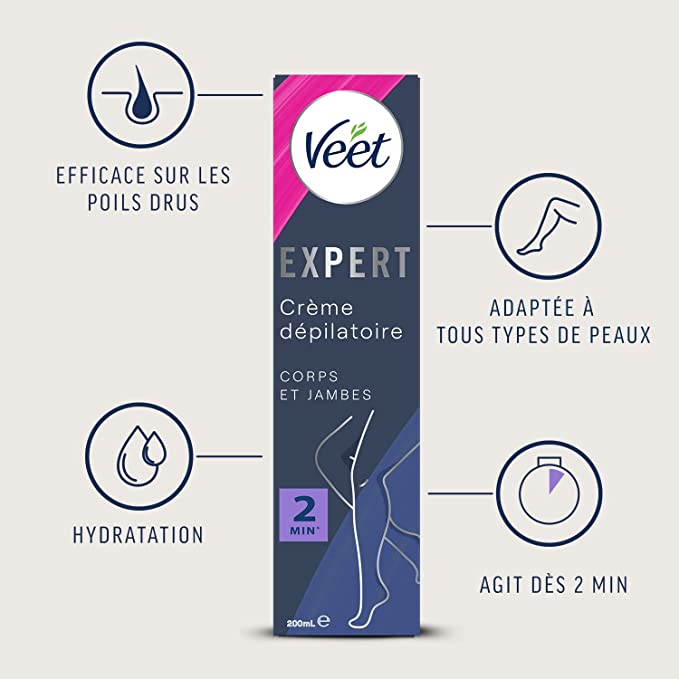 Veet EXPERT Crème Dépilatoire Poils Tenaces Corps & Jambes Agit en 2 min 200 ml